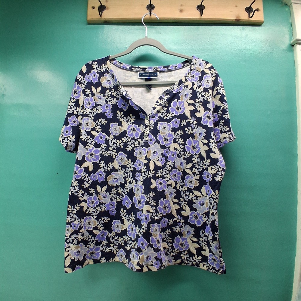 Karen Scott Floral Henley Top XL Navy Blue Purple Cottagecore Short Sleeve Z400